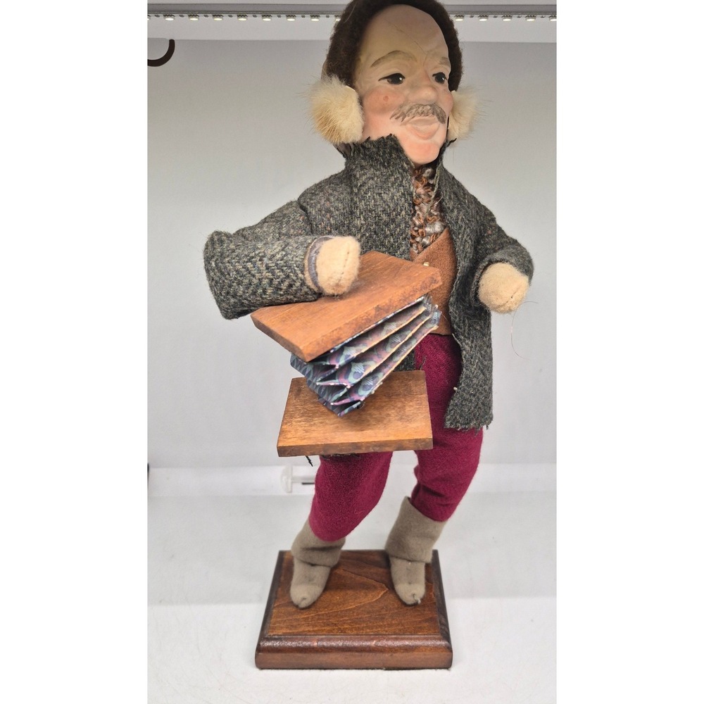 Vintage Accordion Player Folk Art Figure Man Grey Tweed Coat Red Pants Wood Base